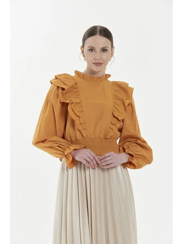 RUFFLED PUFF SLEEVES VIOLA BLOUSE - 5 Satin Long Blouse