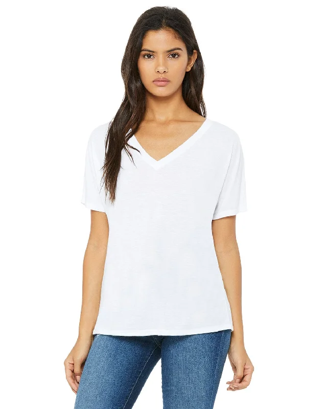 Bella+Canvas Ladies Flowy Simple V-Neck T-Shirt | White Terry Blend Velvet Blend Canvas Blend