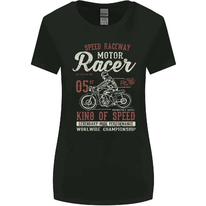 Biker King of Speed Motorcycles Cafe Racer Womens Wider Cut T-Shirt Zippered Front Buttoned Front Snap Front