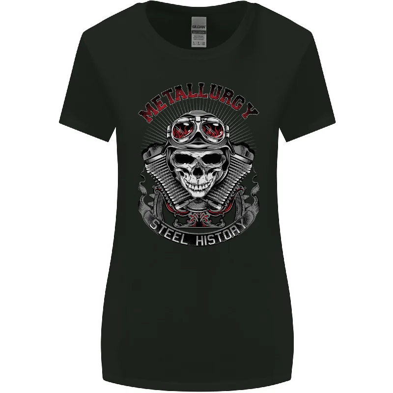 Biker Metallurgy Motorbike Motorcycle Skull Womens Wider Cut T-Shirt Zippered Front Buttoned Front Snap Front