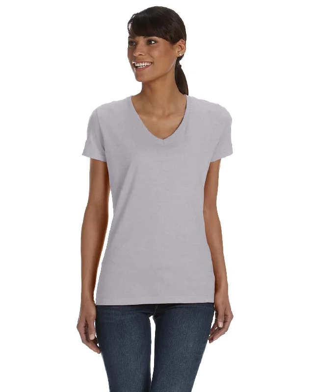 Fruit of the Loom Ladies 100% Heavy Cotton HD V-Neck T-Shirt | Athletic Heather Graphic Embroidered Appliqued