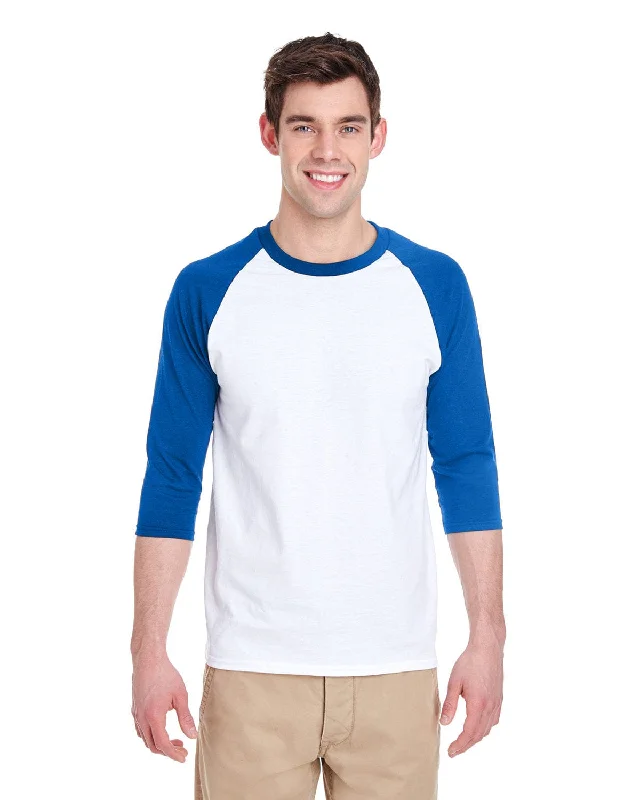 Gildan Heavy Cotton 3/4-Raglan Sleeve T-Shirt | White/ Royal Front Pockets Side Pockets Patch Pockets