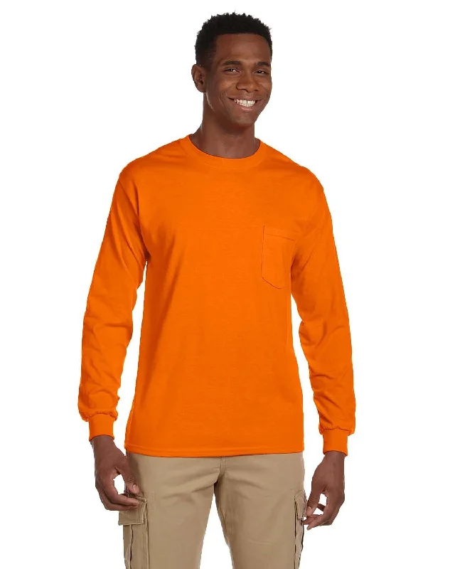 Gildan Ultra Cotton Long Sleeve Pocket T-Shirt | S Orange Real Fur Shearling Chenille