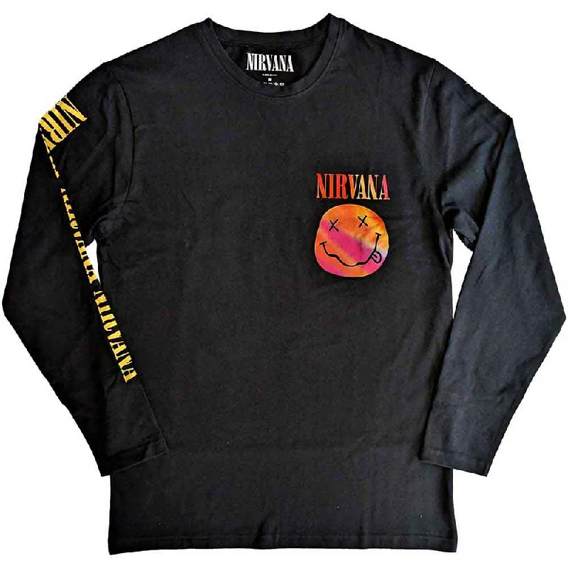 Nirvana Unisex | Official Band Long Sleeve T-Shirt | Gradient Happy Face (Back & Sleeve Print) Rayon Velvet Corduroy