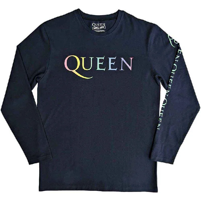 Queen | Official Band Long Sleeve T-Shirt | Rainbow Crest (Back & Sleeve Print) Boxy Fit Fitted Loose