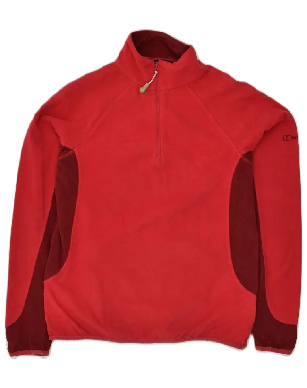 BERGHAUS Womens Zip Neck Fleece Jumper UK 12 Medium Red Colourblock Front Pockets Side Pockets Patch Pockets