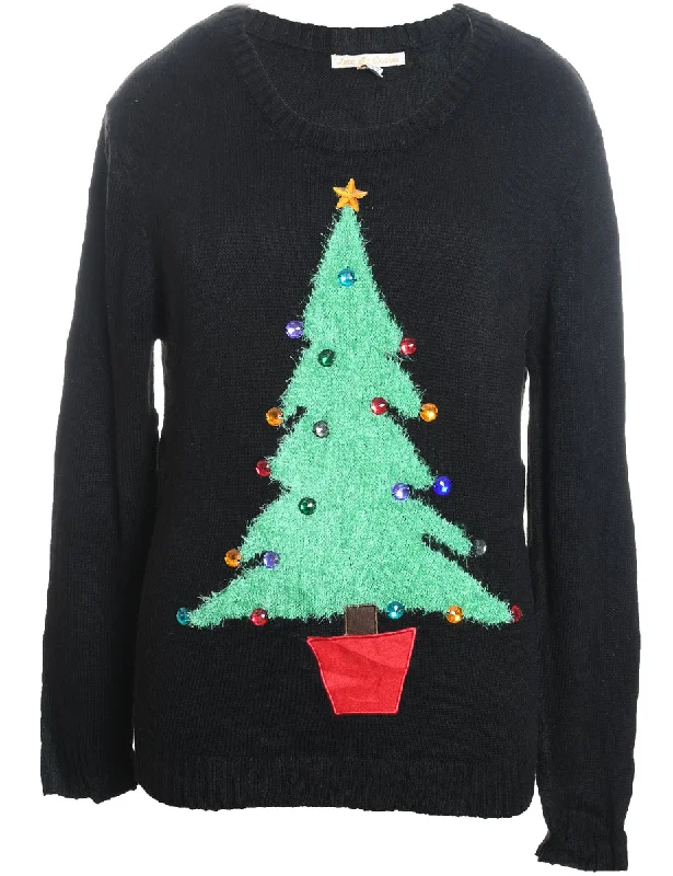 Black Christmas Jumper - XL Cable Knit Ribbed Knit Lace Knit