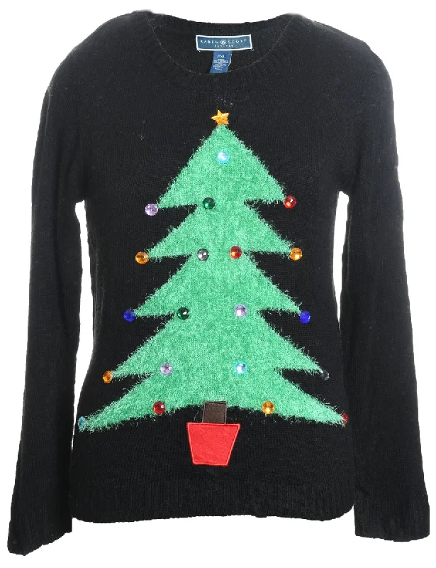 Black Christmas Jumper - XL Solid Color Striped Floral Print