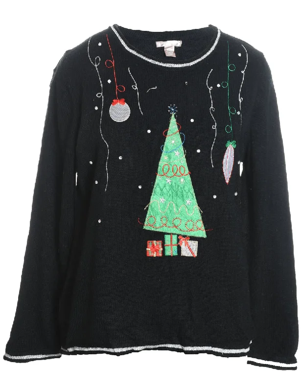 Black Christmas Tree Design Jumper - L Fleece Sweater Nylon Polyester