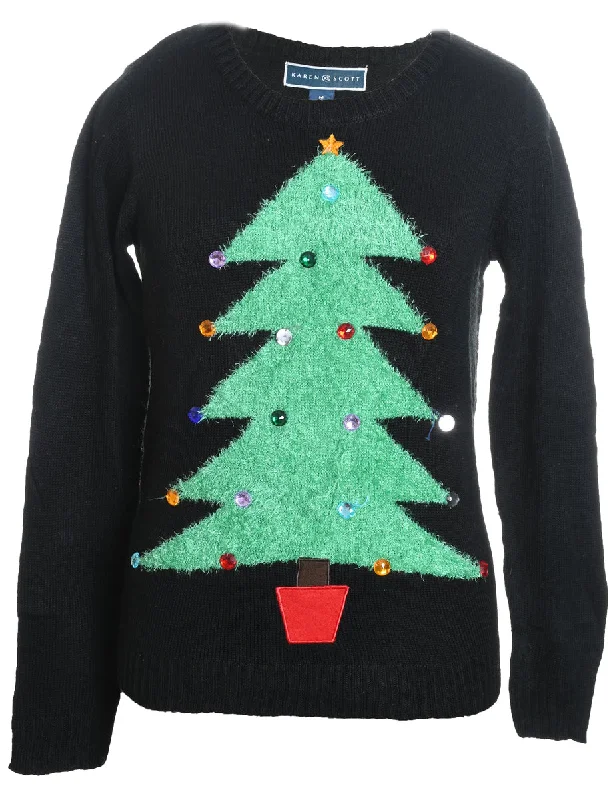 Black Christmas Tree Design Knit Jumper - M Stretchy Elastic Breathable