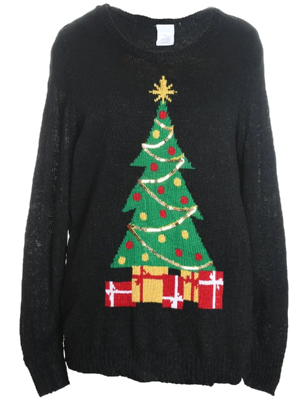 Black Christmas Tree Design Knit Jumper - XL Handmade Hand-knitted Hand-woven