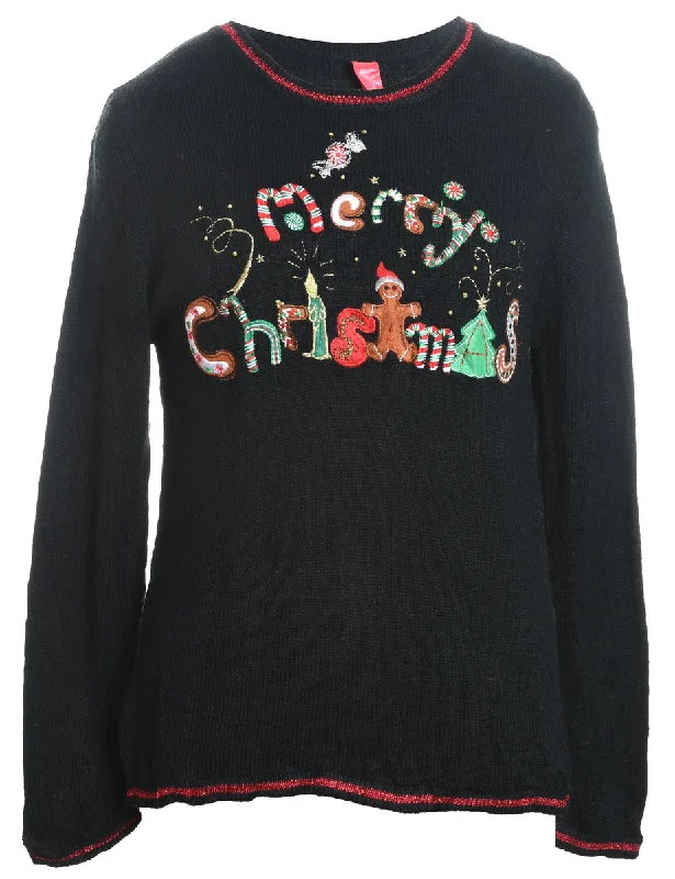 Black Embroidered Christmas Jumper - M Polka Dot Checkered Tartan