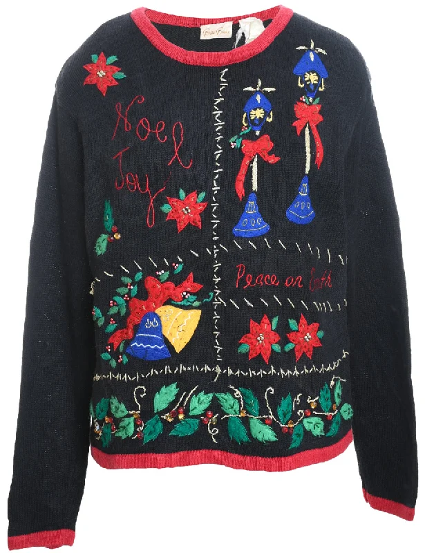 Black Embroidered Floral Christmas Jumper - M Collared Crew Neck Turtle Neck