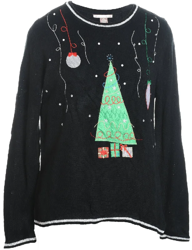 Black Embroidered Knit Christmas Jumper - M Zippered Buttoned Snapped