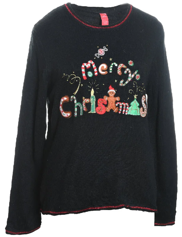 Black Embroidered Merry Christmas Design Knit Jumper - L Fitted Loose Oversized