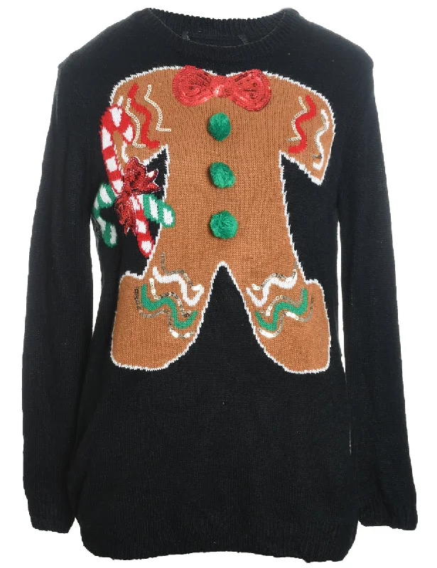 Black Gingerbread Design Christmas Jumper - M Faux Fur Fabric Real Fur Fabric Shearling Fabric