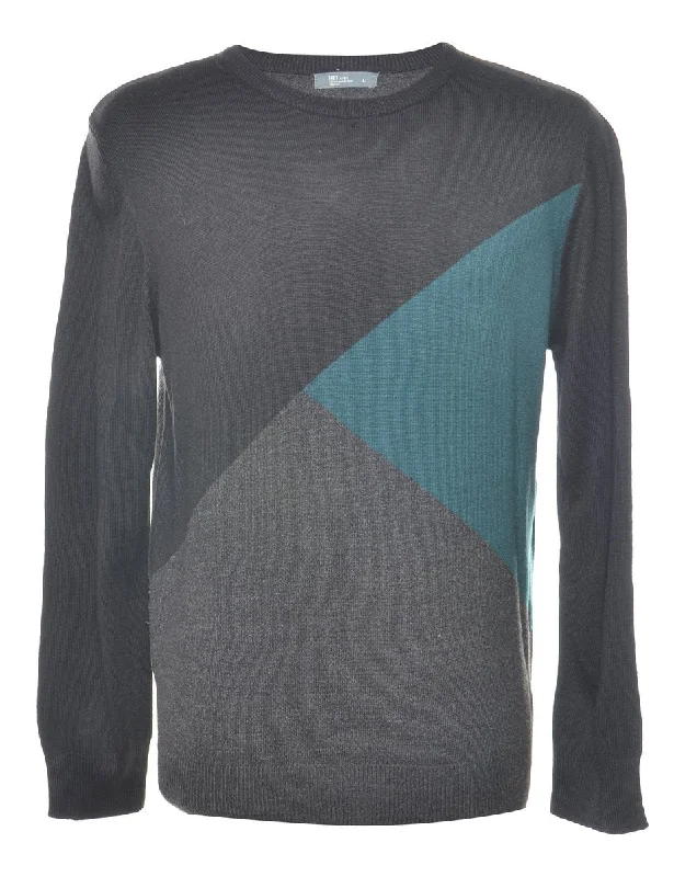 Black, Grey & Blue Knit Jumper - L Handmade Hand-knitted Hand-woven