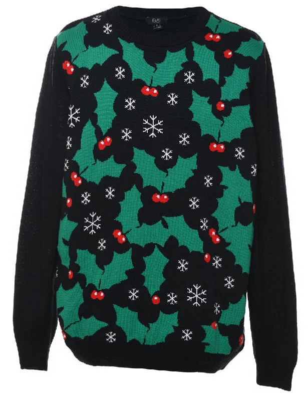 Black Holly Design Christmas Jumper - L Chenille Fabric Brocade Fabric Lace Fabric