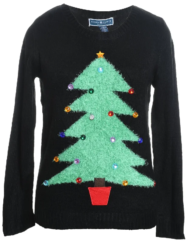 Black Knit Christmas Jumper - L Polka Dot Checkered Tartan