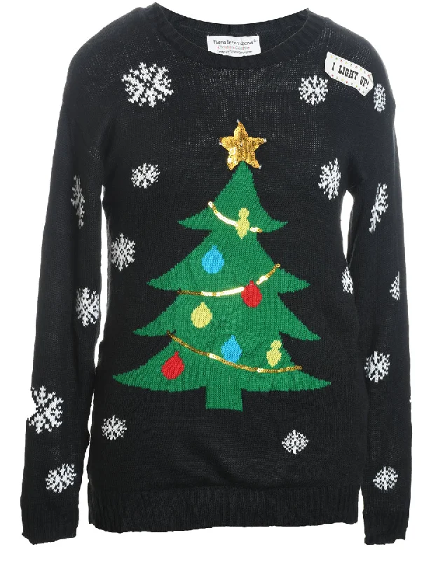 Black Knit Sequined Christmas Jumper - M Zippered Buttoned Snapped