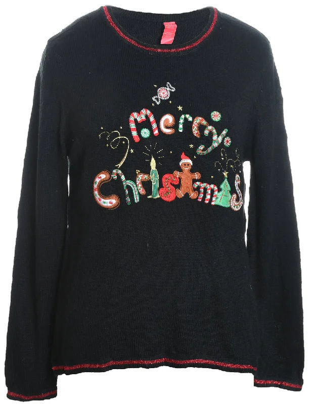 Black Sequined & Embroidered Christmas Jumper - L Ribbed Striped Patterned