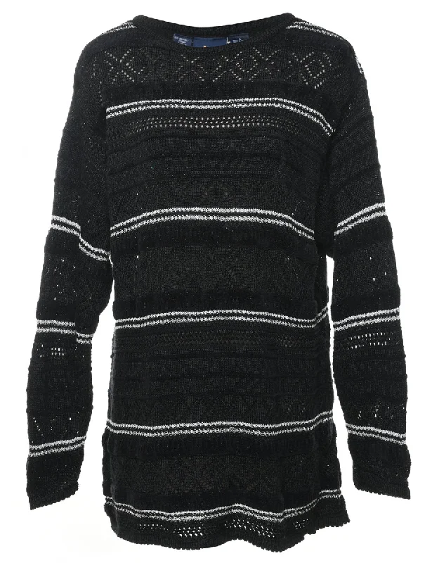 Black Striped Crochet Jumper - S Boat Neck Shawl Collar Notched Collar