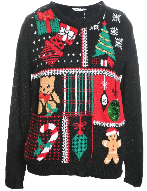 Black Teddy Bear Design Christmas Jumper - L Mesh Fabric Canvas Fabric Denim Fabric