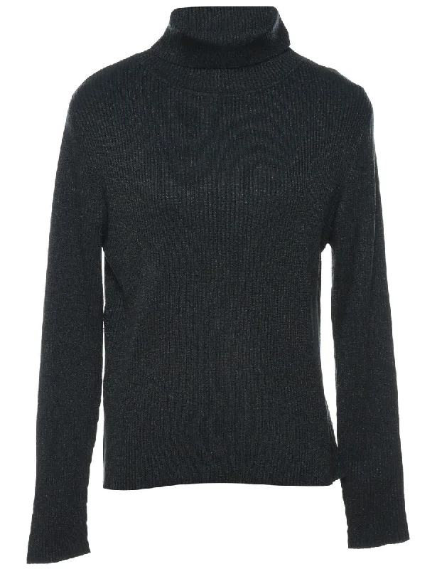 Black Turtleneck Jumper - M High Neck Crew Neck V-Neck