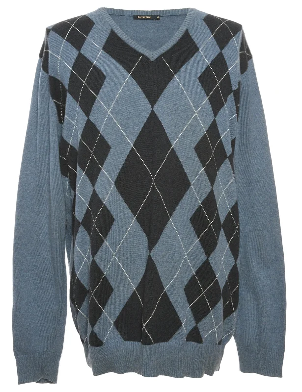 Blue Argyle Jumper - XL Transparent Opaque Sheer