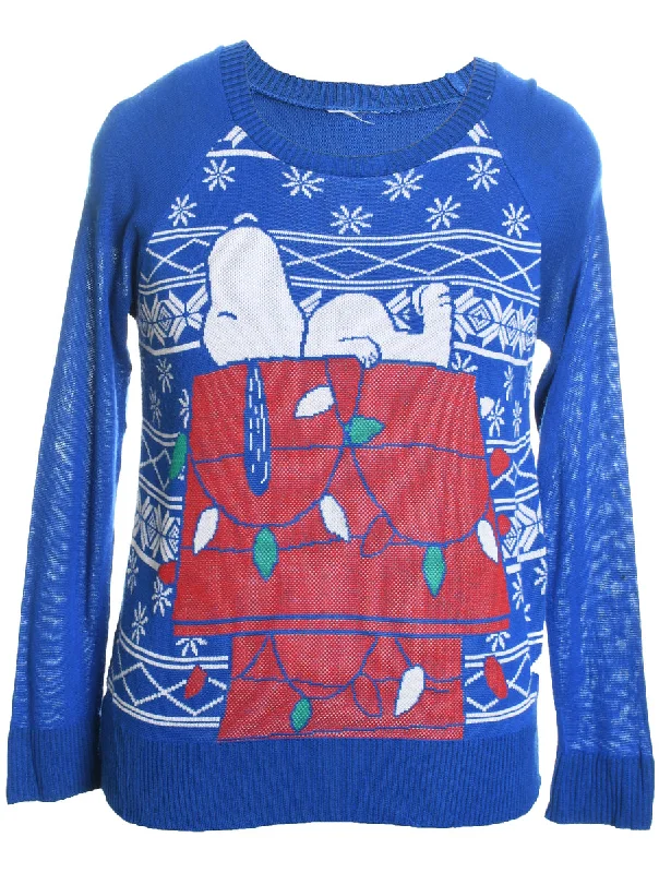 Blue Cartoon Christmas Jumper - M Glossy Satin Silk