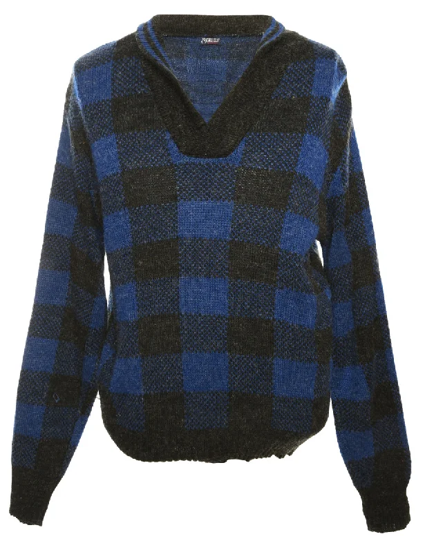 Blue Checked Jumper - M Ribbed Striped Patterned