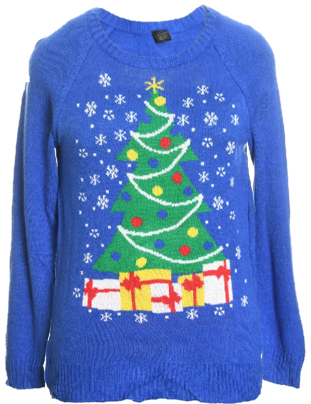 Blue Christmas Jumper - L Polka Dot Checkered Tartan