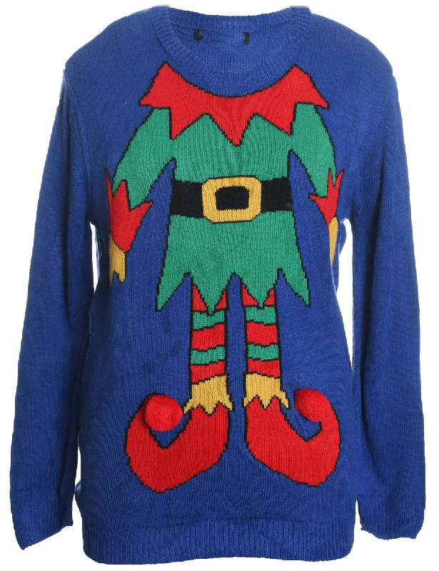 Blue Christmas Jumper - L Collared Crew Neck Turtle Neck