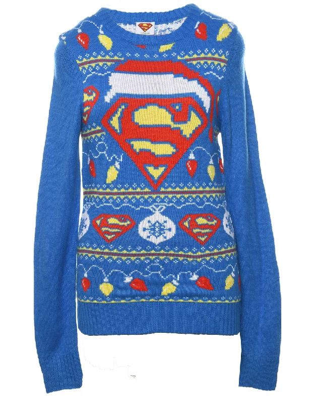 Blue Christmas Jumper - M Zippered Buttoned Snapped