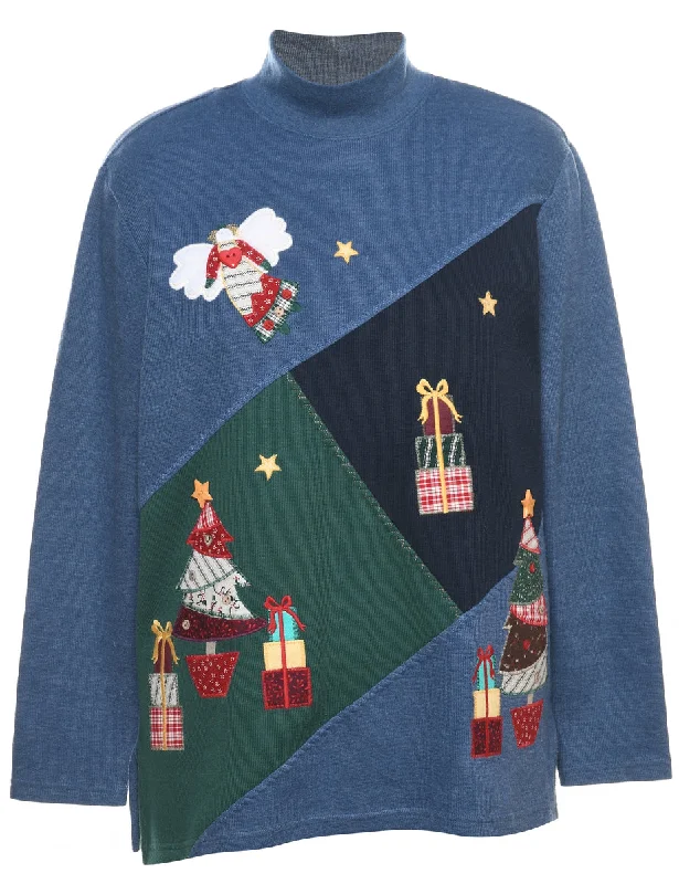 Blue Christmas Jumper - S Zippered Front Buttoned Front Snap Front