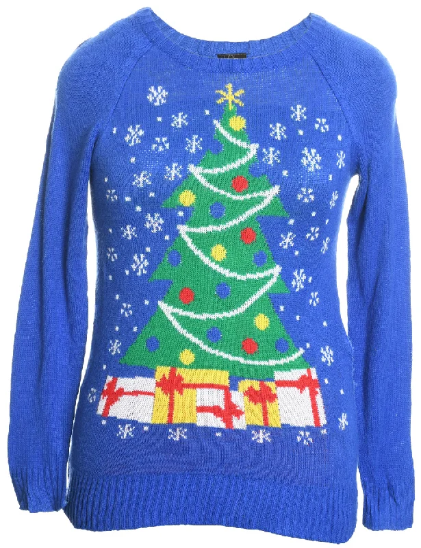 Blue Christmas Jumper - XS Ribbed Striped Patterned