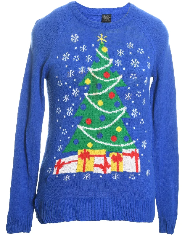 Blue Christmas Knit Jumper - S Hooded Sweater Collared Sweater Shawl Collar