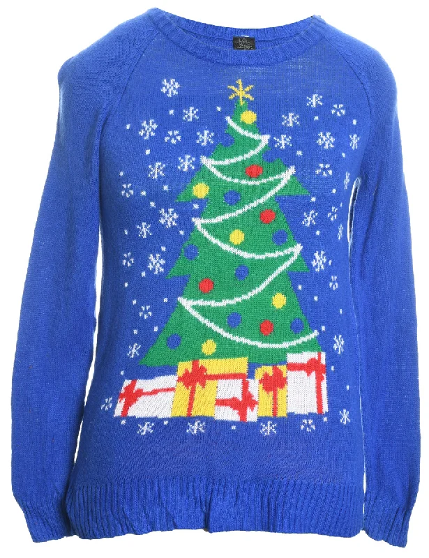 Blue Knit Round-Neck Christmas Jumper - S Embroidered Appliqued Beaded