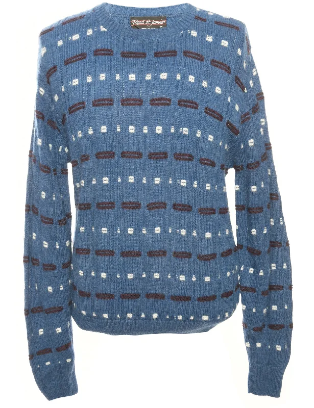 Blue Patterned Jumper - M Front Pockets Side Pockets Patch Pockets