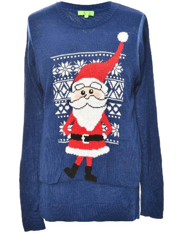 Blue Santa Design Blue Christmas Jumper - S Wool Fabric Cashmere Fabric Tweed Fabric