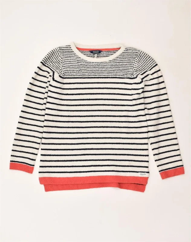 JOULES Womens Fleece Jumper UK 6 XS  White Striped Polyester Zippered Front Buttoned Front Snap Front