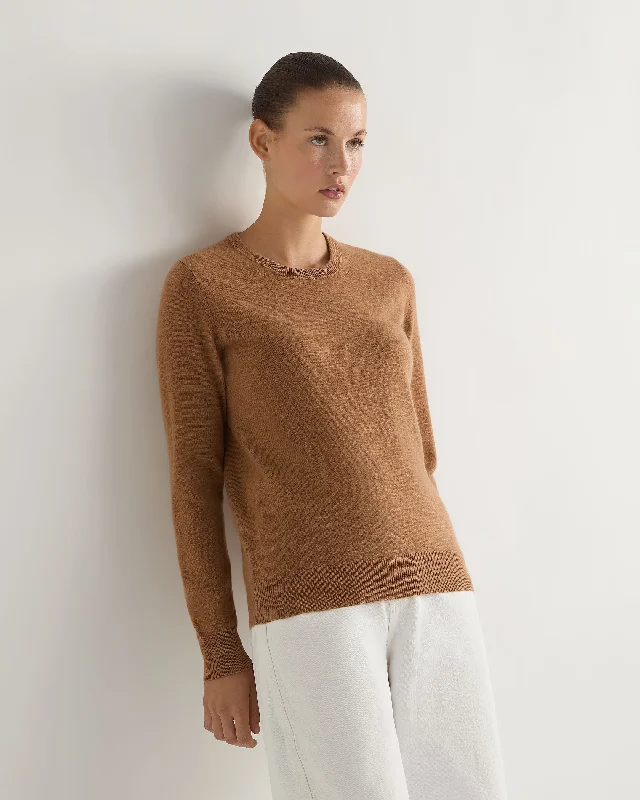 Women's Evie Classic Round Neck Cashmere Jumper Dark Camel Brown Long Sweater Short Sweater Cropped Sweater