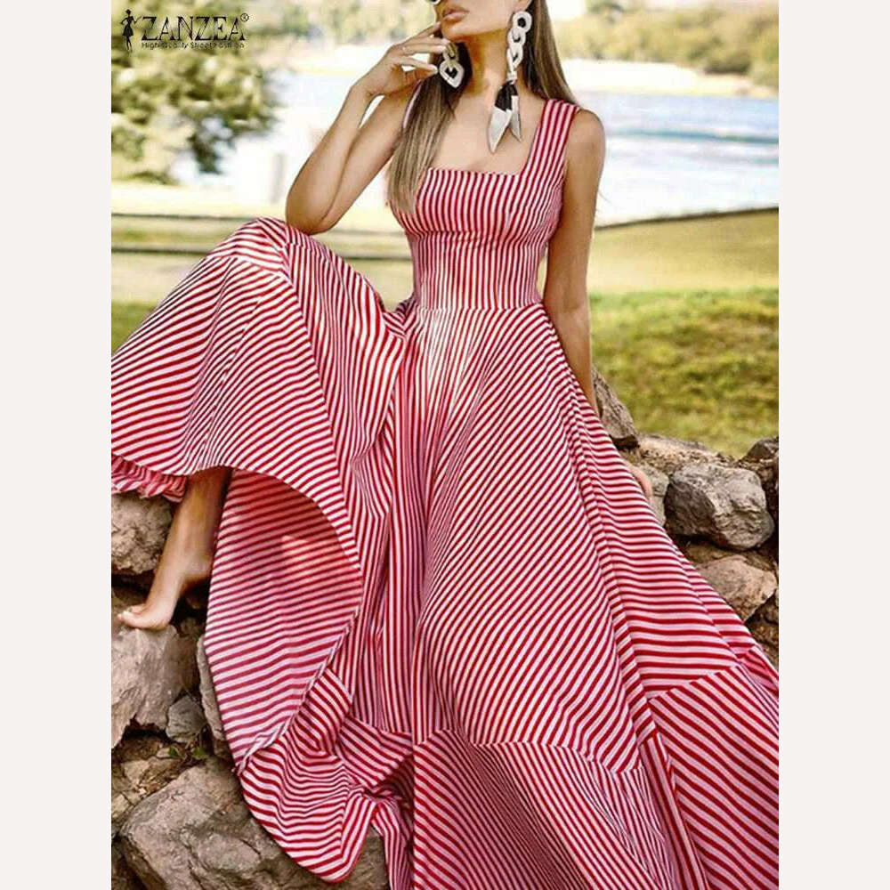 2023 Bohemian Holiday Sundress ZANZEA Summer Elegant Maxi Dress Women Chic Striped Robe Longue Beach Party Sleeveless Dress Fashionable Chiffon Tiered Maxi Dress