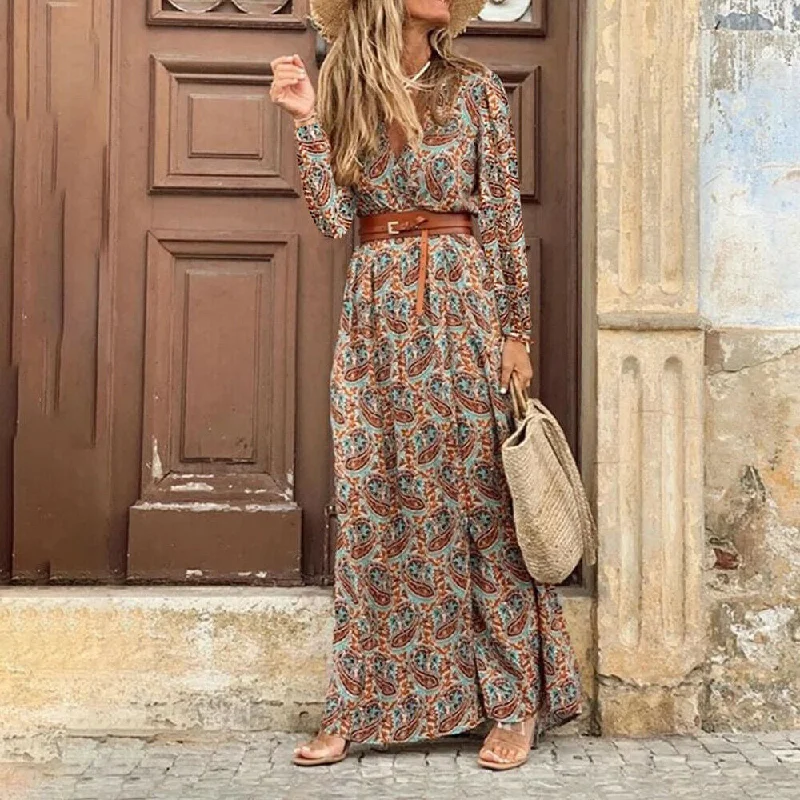 Zjkrl Autumn Dress 2023 Women New Fashionable Bohemian V-neck Floral Print Long Dress Female Short Sleeve Sexy High Split Maxi Dresses Cozy Knitted Maxi Dress