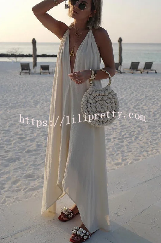 Lilipretty® Bali Dreams Linen Blend Leather Tassel Design Halter Backless Beach Maxi Dress Elegant Wraparound Maxi Dress