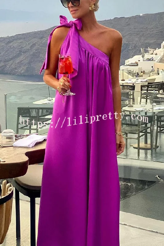 Lilipretty® Beach Party Satin One Shoulder Bow Detail Loose Maxi Dress Fashionable Sheer Maxi Dress