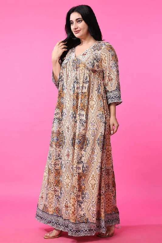 Beige Abstract Printed Maxi Dress Trendy Satin Maxi Dress