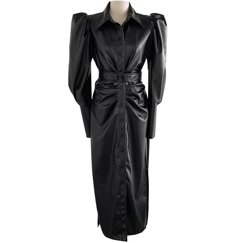 Black Faux Leather Belt Puff Long Sleeve Button Down Elegant Luxury Stylish Maxi Dress Stylish Maxi Dress with Frills