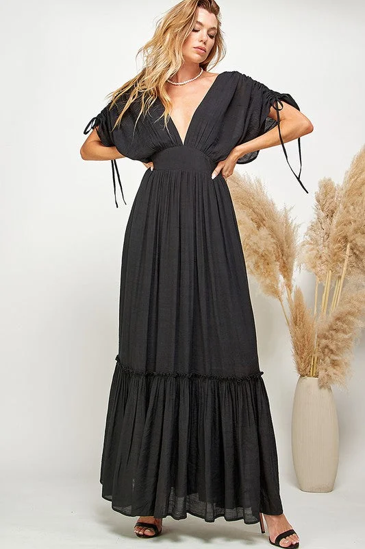 Black Ruffled & Tiered Plunge Neck Maxi Dress Comfortable Long-Sleeve Maxi Dress