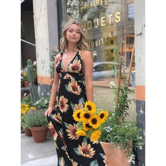 Black Sunflower Halter Double Strap Long Full Length Maxi Dress Spring Summer Trendy Fit-and-Flare Maxi Dress